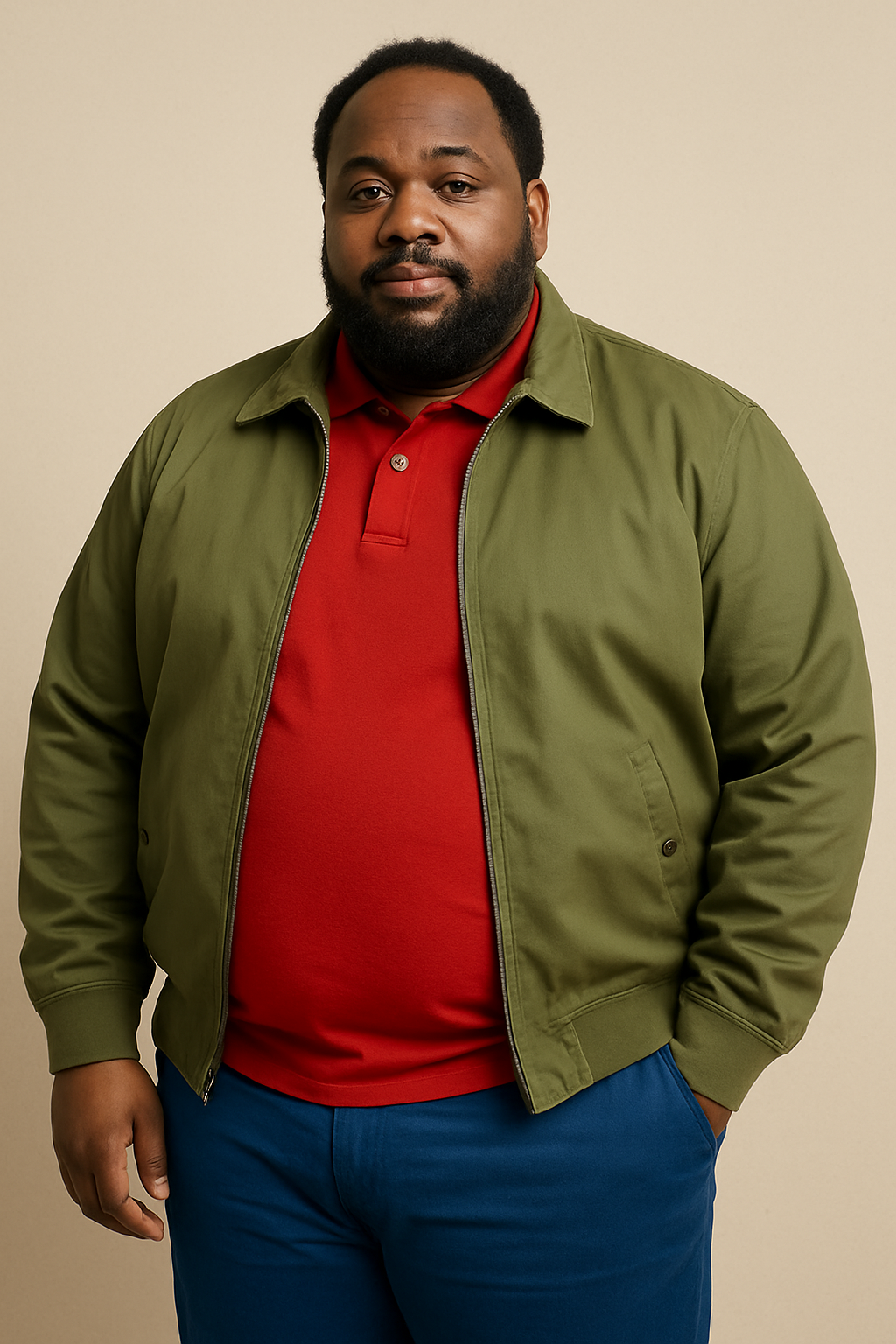 Olive Green Jacket with Red Polo